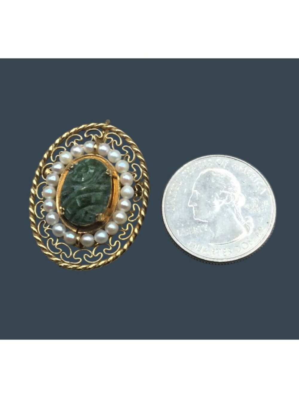 Winard Brooch 1/20 12KGF Scarab Jade Seed Pearl Filigree Pin Pendant Vintage - Picture 6 of 6